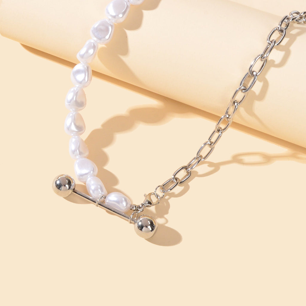 Punk Silver Irregular Faux Pearl Beads Paperclip Multiple Link Chain Necklace