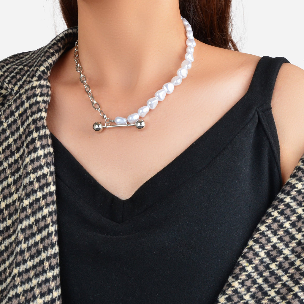 Punk Silver Irregular Faux Pearl Beads Paperclip Multiple Link Chain Necklace