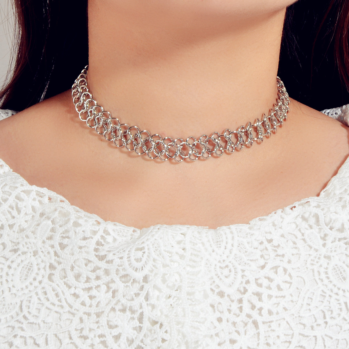 Punk Jewelry Silver Link Lock Chain Short Statement Necklace Choker Accessories