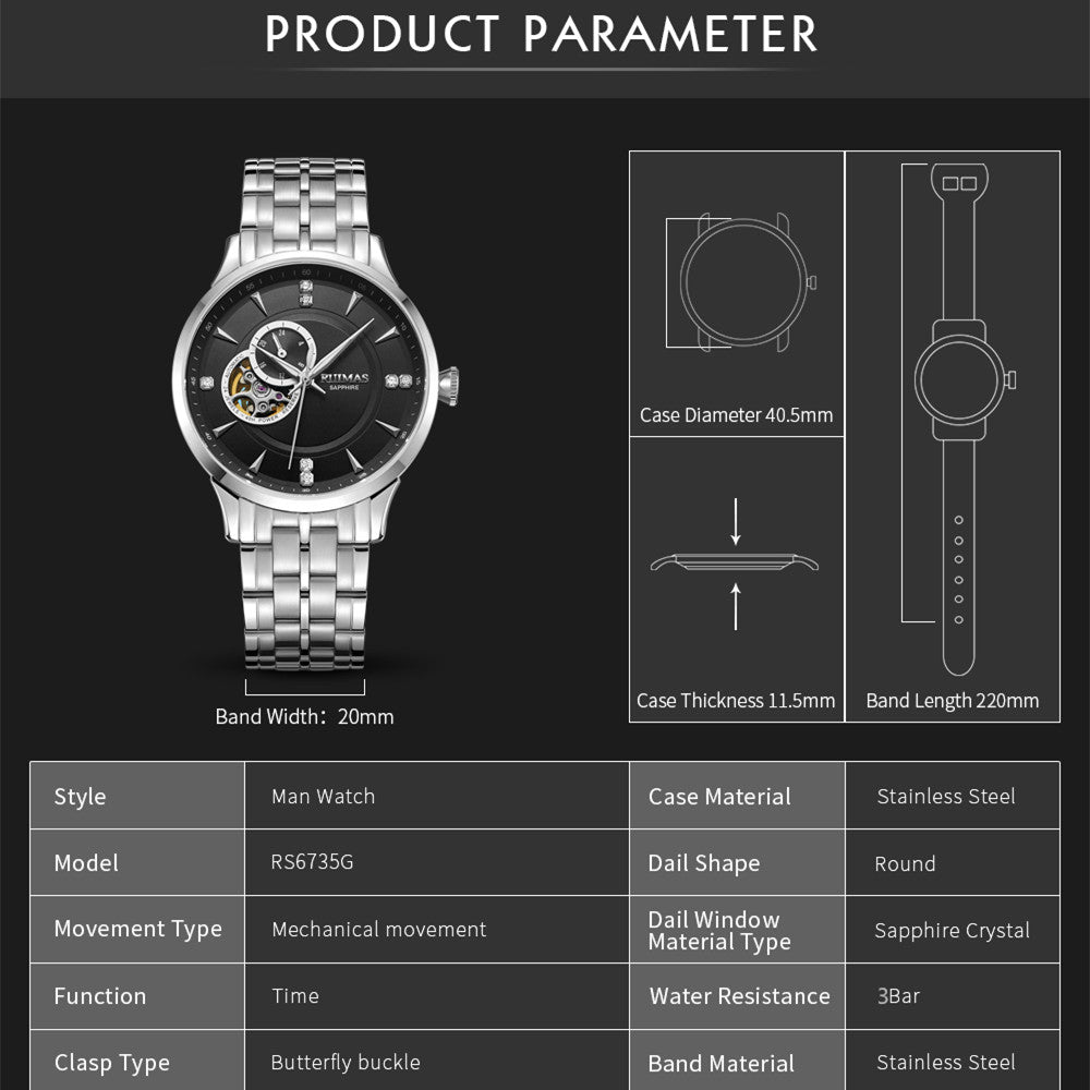 RUIMAS Gold Men Watch Luxury Stainless Steel Automatic Mechanical Watches Sapphire Glass Waterproof Wristwatch Relogio Masculino 6735