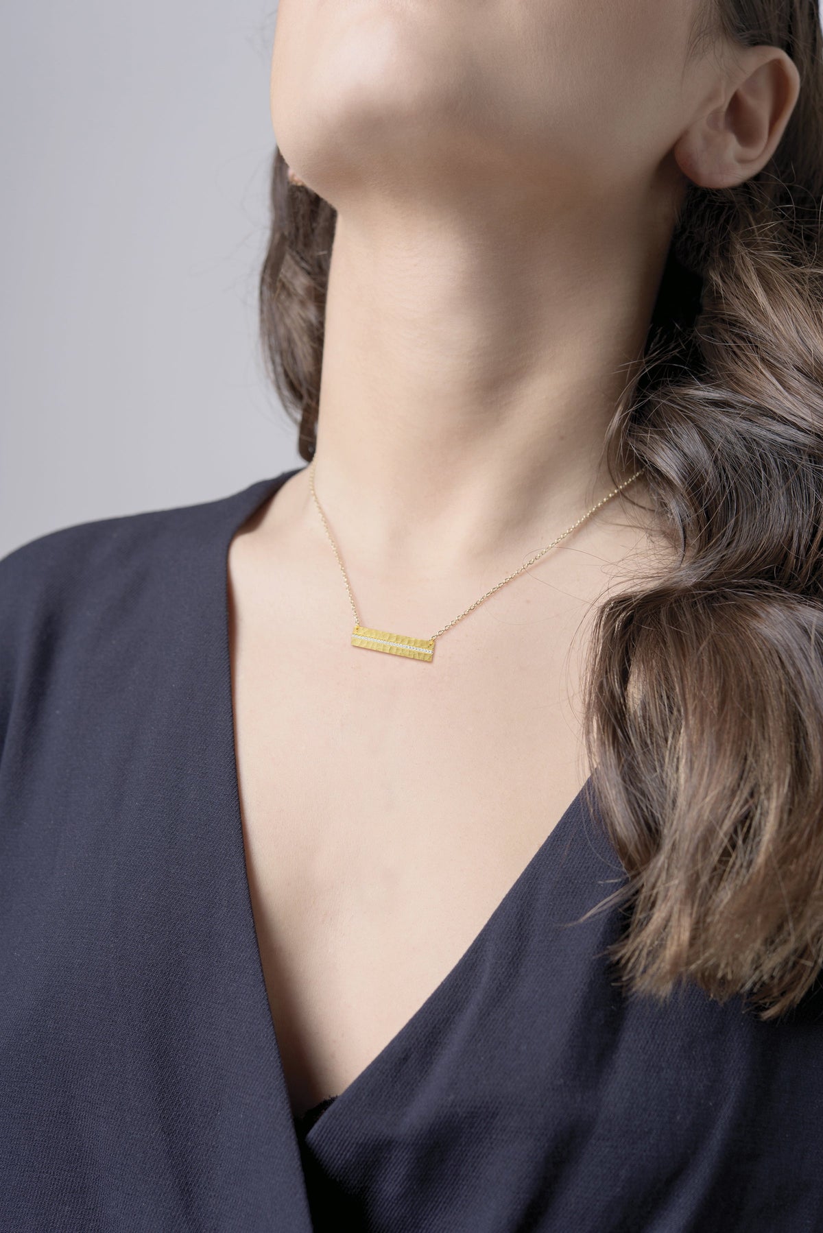 Hammered East-West Diamond Necklace, 14K Gold
