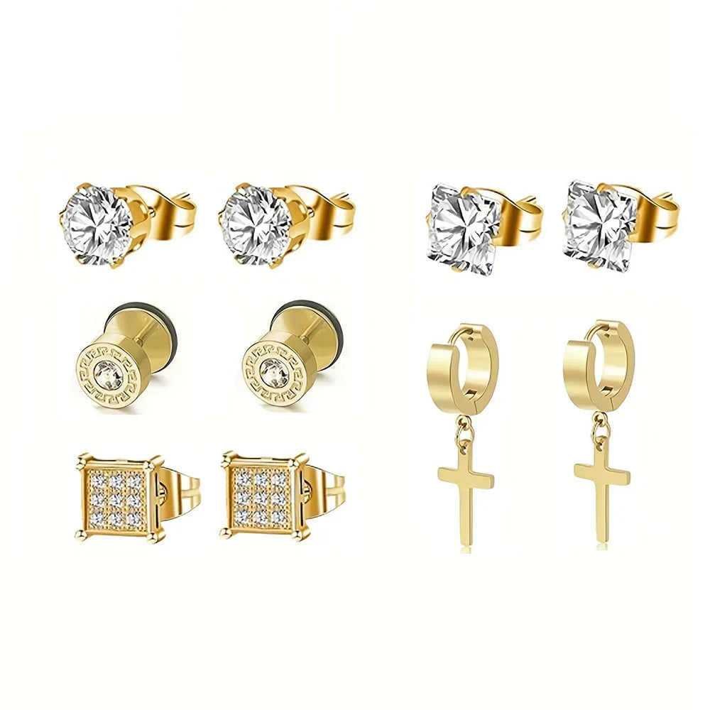 Earrings Stainless Steel 5 Pairs Set for Men (Gold)