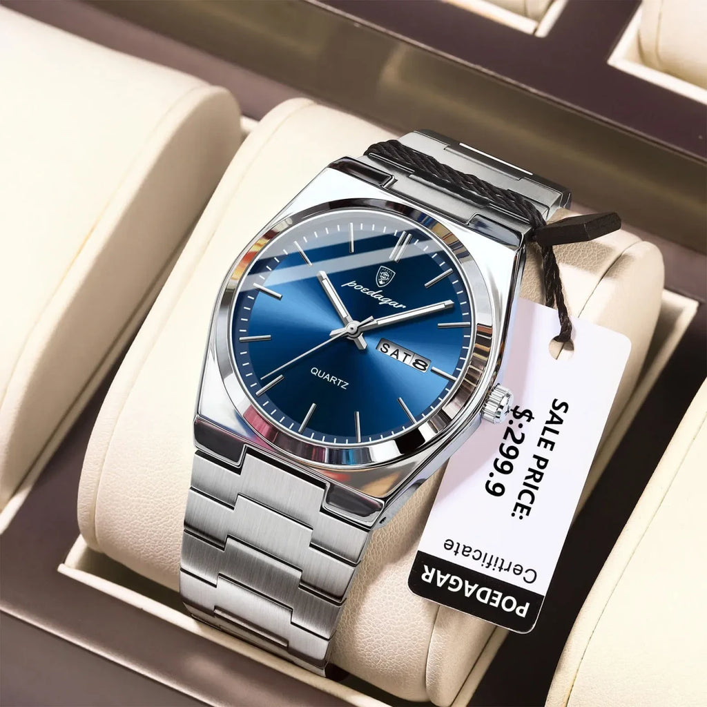 Color: Gold - POEDAGAR Luxury Watch For Man Waterproof Luminous Date Week Stainless Steel Men Watch