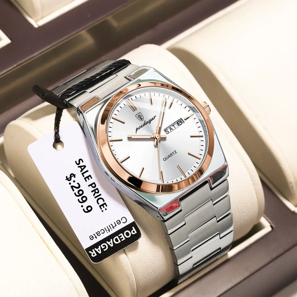 Color: Gold - POEDAGAR Luxury Watch For Man Waterproof Luminous Date Week Stainless Steel Men Watch