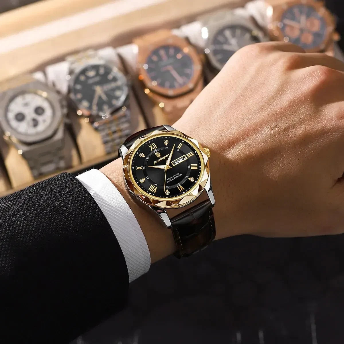Color: Gold - POEDAGAR Luxury Business Man Wristwatch Waterproof Luminous Date Week Men Watch For M