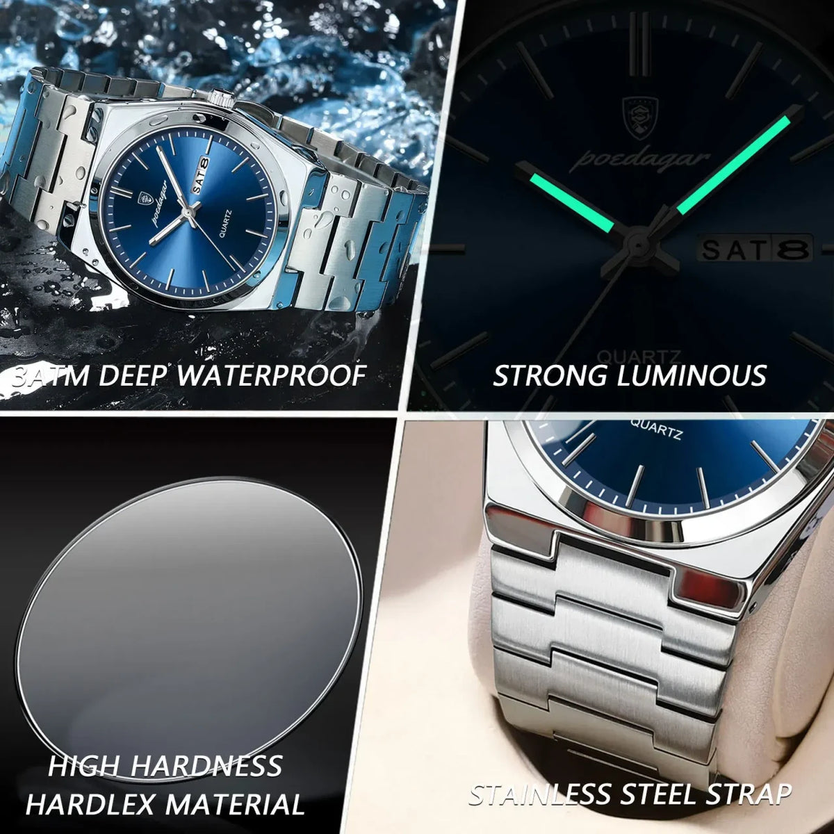 Color: Gold - POEDAGAR Luxury Watch For Man Waterproof Luminous Date Week Stainless Steel Men Watch
