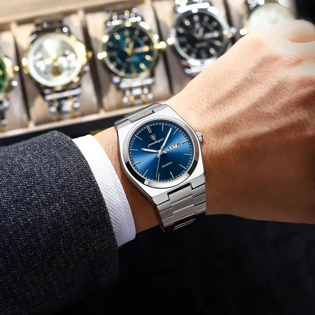 Color: Gold - POEDAGAR Luxury Watch For Man Waterproof Luminous Date Week Stainless Steel Men Watch
