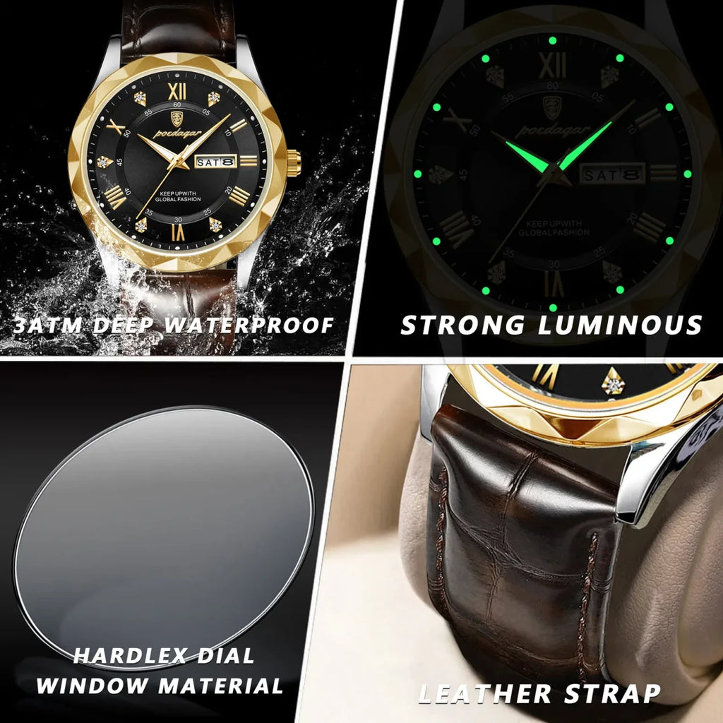 Color: Gold - POEDAGAR Luxury Business Man Wristwatch Waterproof Luminous Date Week Men Watch For M