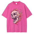 Men's Flame Skull Printed T-shirt Thick Cotton Washed T-shirt,Large Retro Top