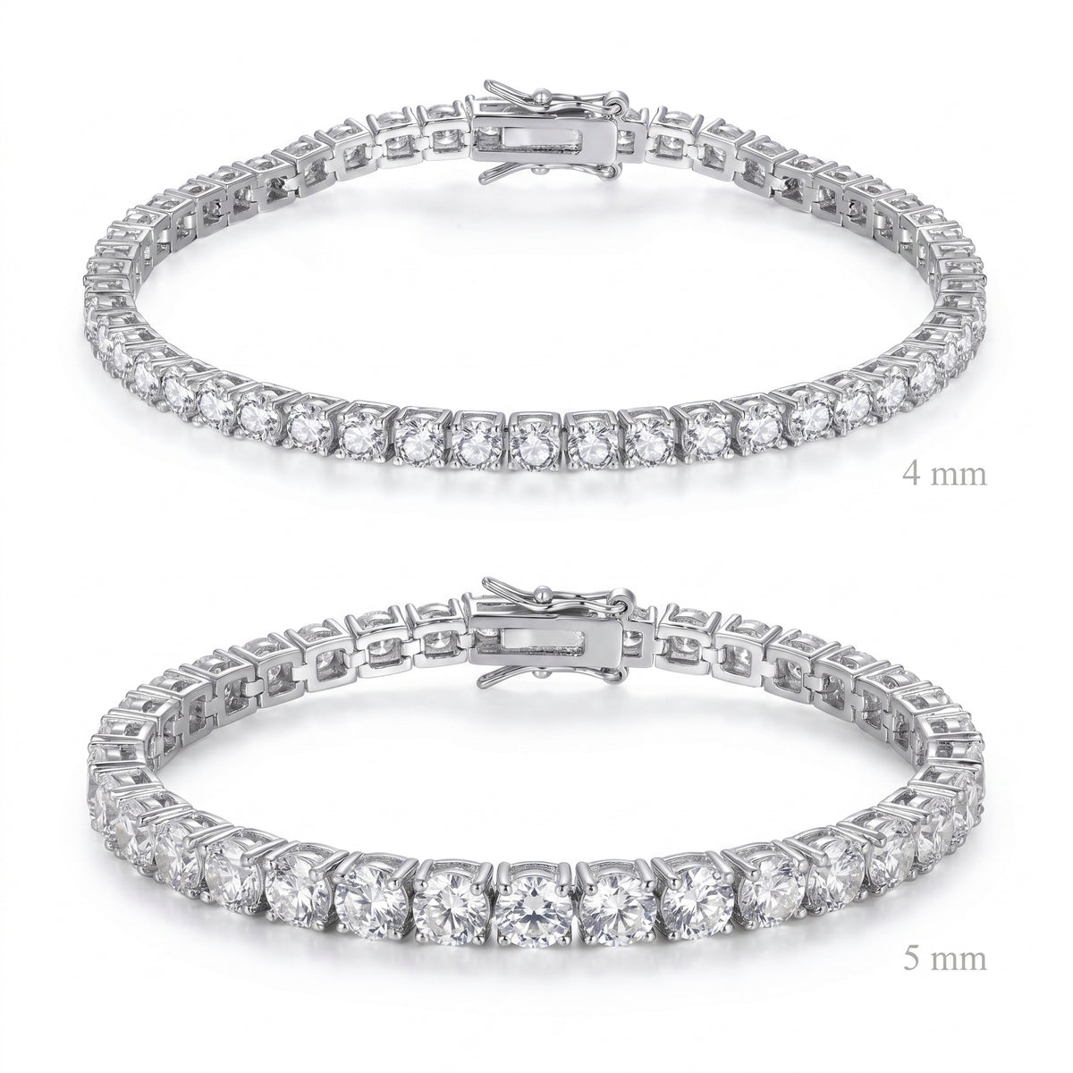 Comparison of silver plated tennis bracelets in 4 mm and 5 mm widths