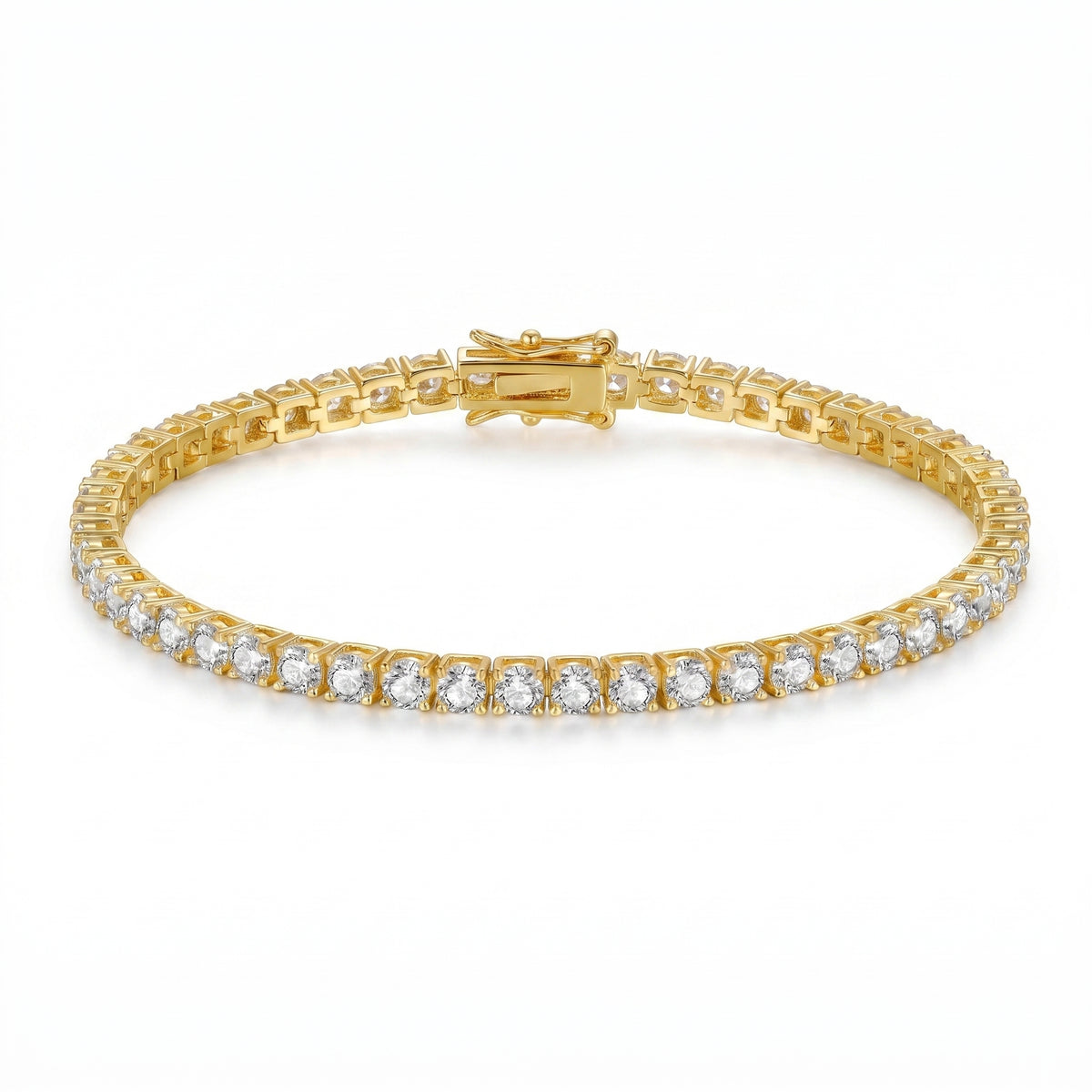 Side profile of gold plated tennis bracelet with AAA cubic zirconia