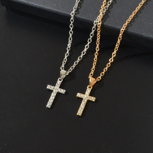 2 pcs Men Gold Silver Chain Rhinestone Decor Cross Pendant Necklaces set