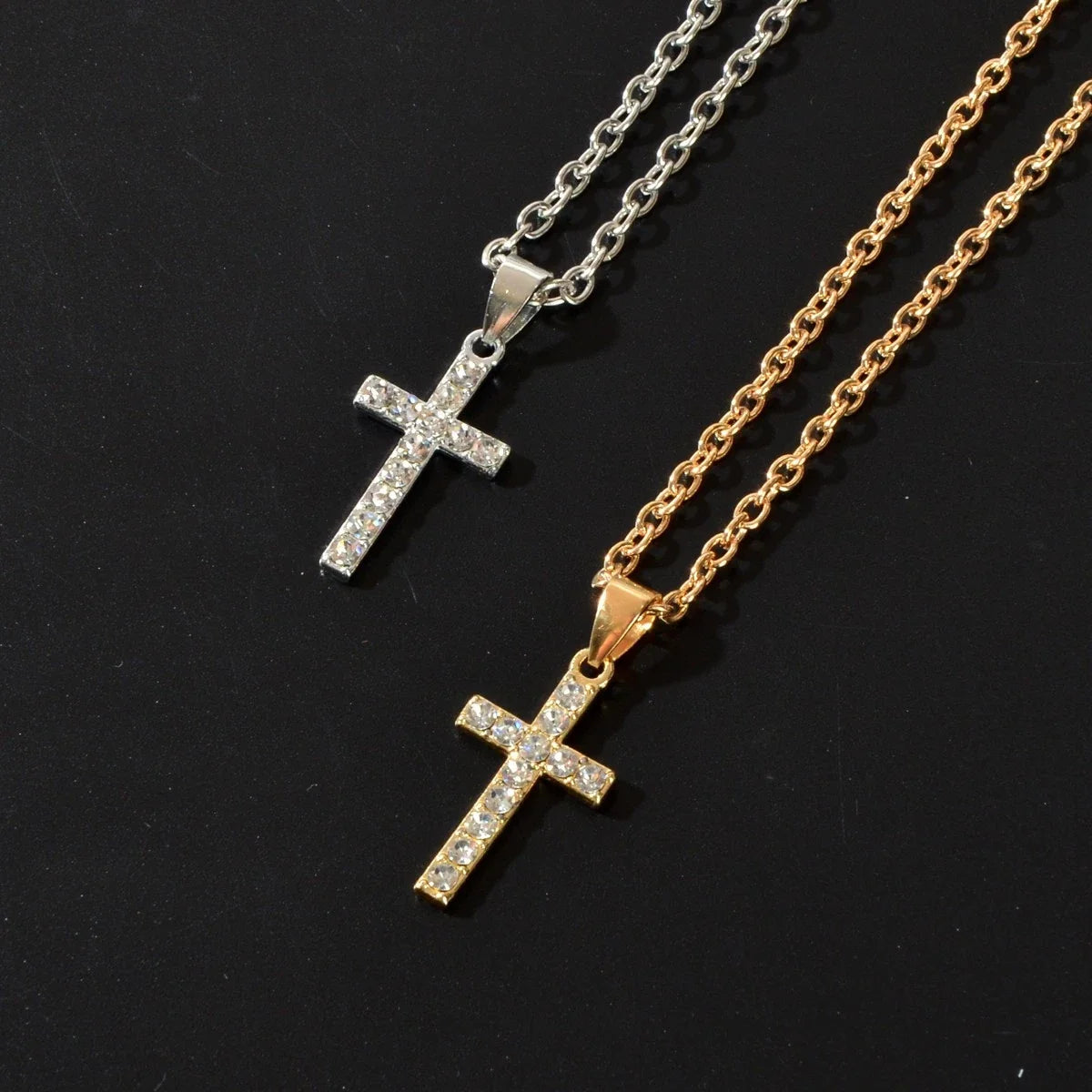 2 pcs Men Gold Silver Chain Rhinestone Decor Cross Pendant Necklaces set
