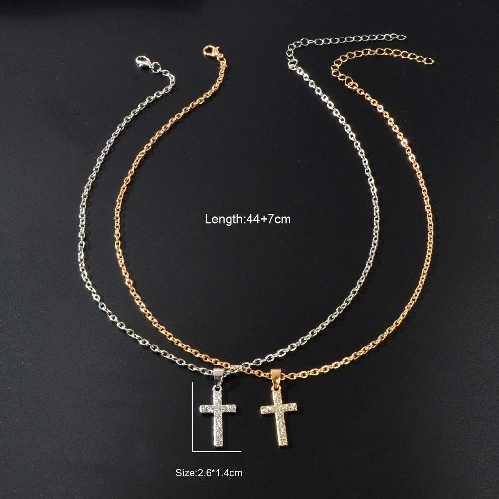 2 pcs Men Gold Silver Chain Rhinestone Decor Cross Pendant Necklaces set