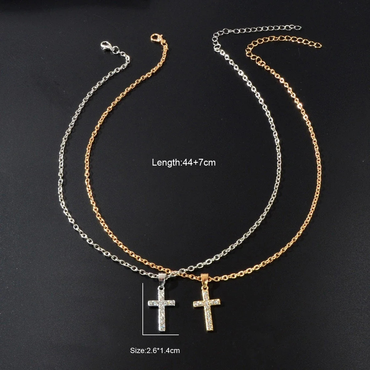 2 pcs Men Gold Silver Chain Rhinestone Decor Cross Pendant Necklaces set