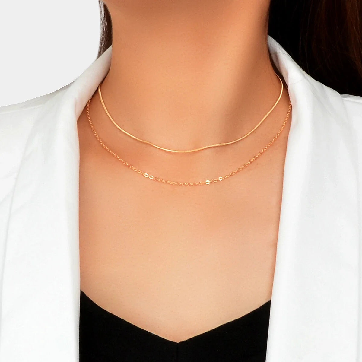 Double Layered Gold Silver Simple Link Chain Necklace Women Gift Party Jewellery